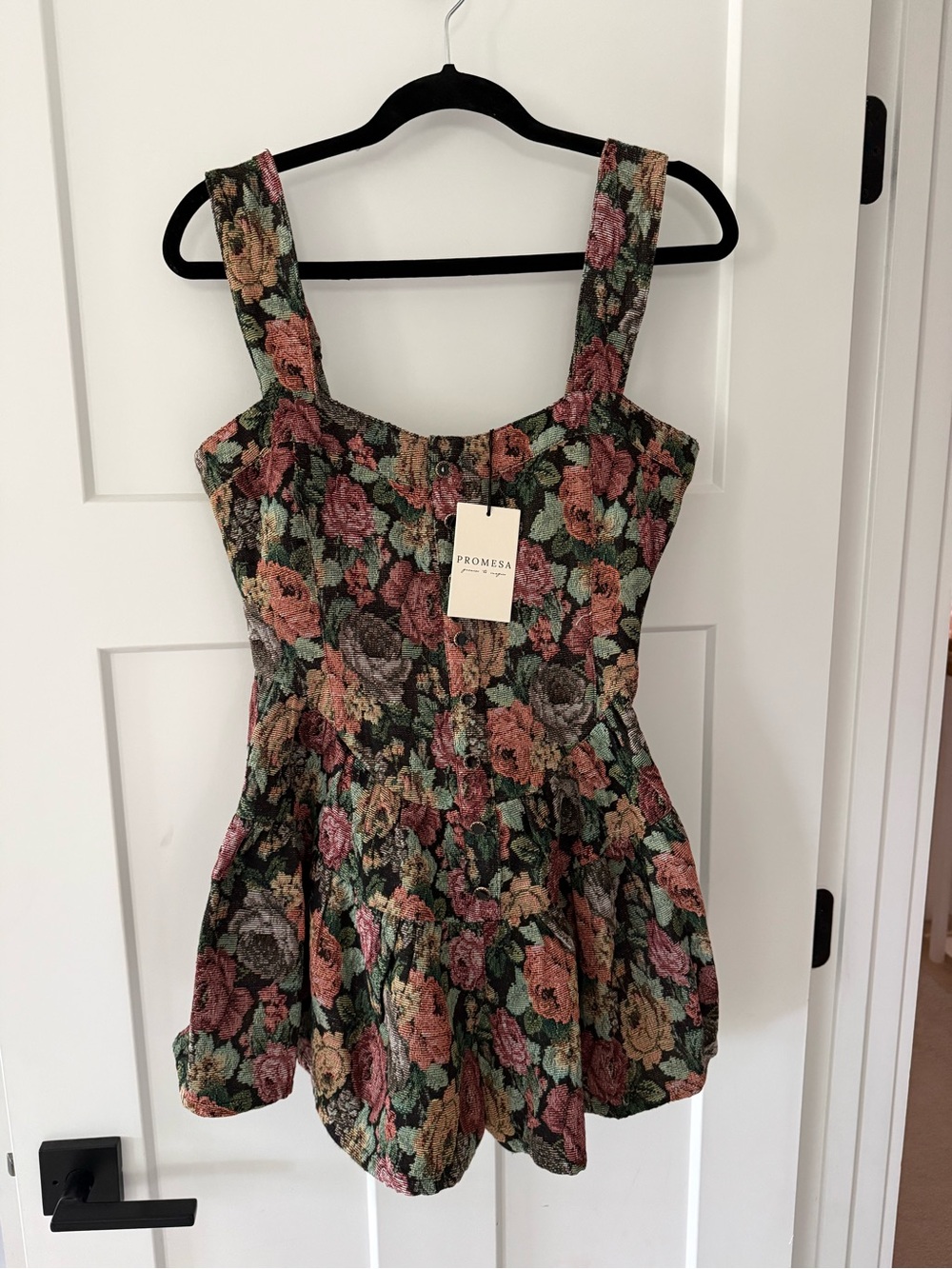 Promesa Floral Button-Front Square-Neck Top in Black, Pink, Green